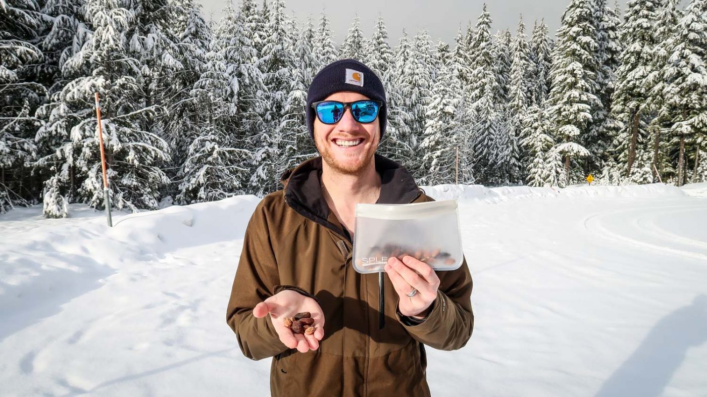 Trail mix on a hike in the snow