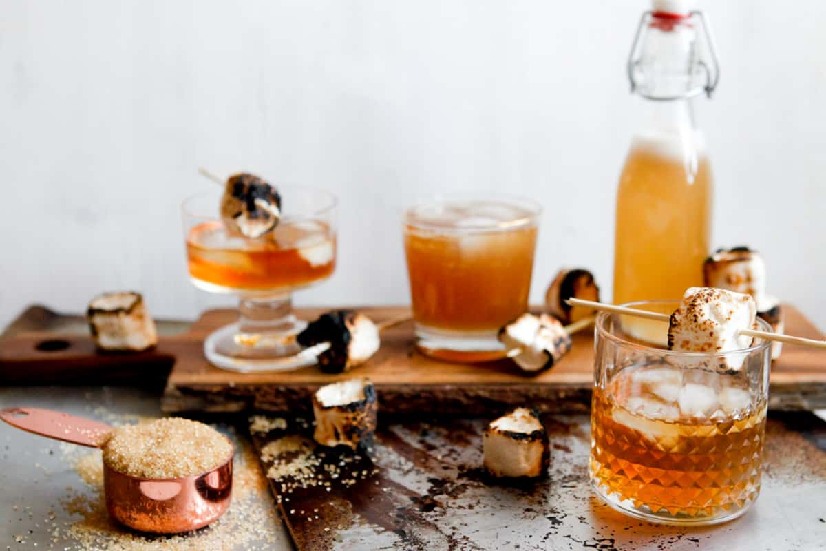 Campfire cocktail with whiskey and marshmallow syrup | freckleandfair.com