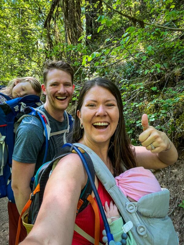 Family selfie hiking to Falls Creek Falls in Washington